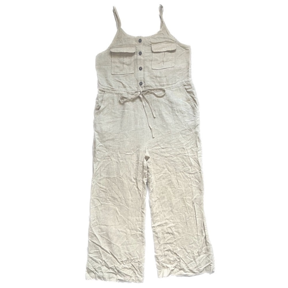 NWOT Promesa Linen Oatmeal Natural Light Beige Jumpsuit Tank Buttons - Picture 10 of 15